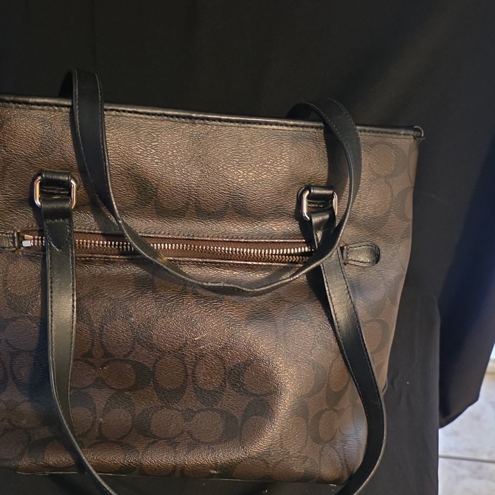 Coach Signature Brown Black Tote Shoulder Bag with Logo, Zipper, Tag - Picture 5 of 5